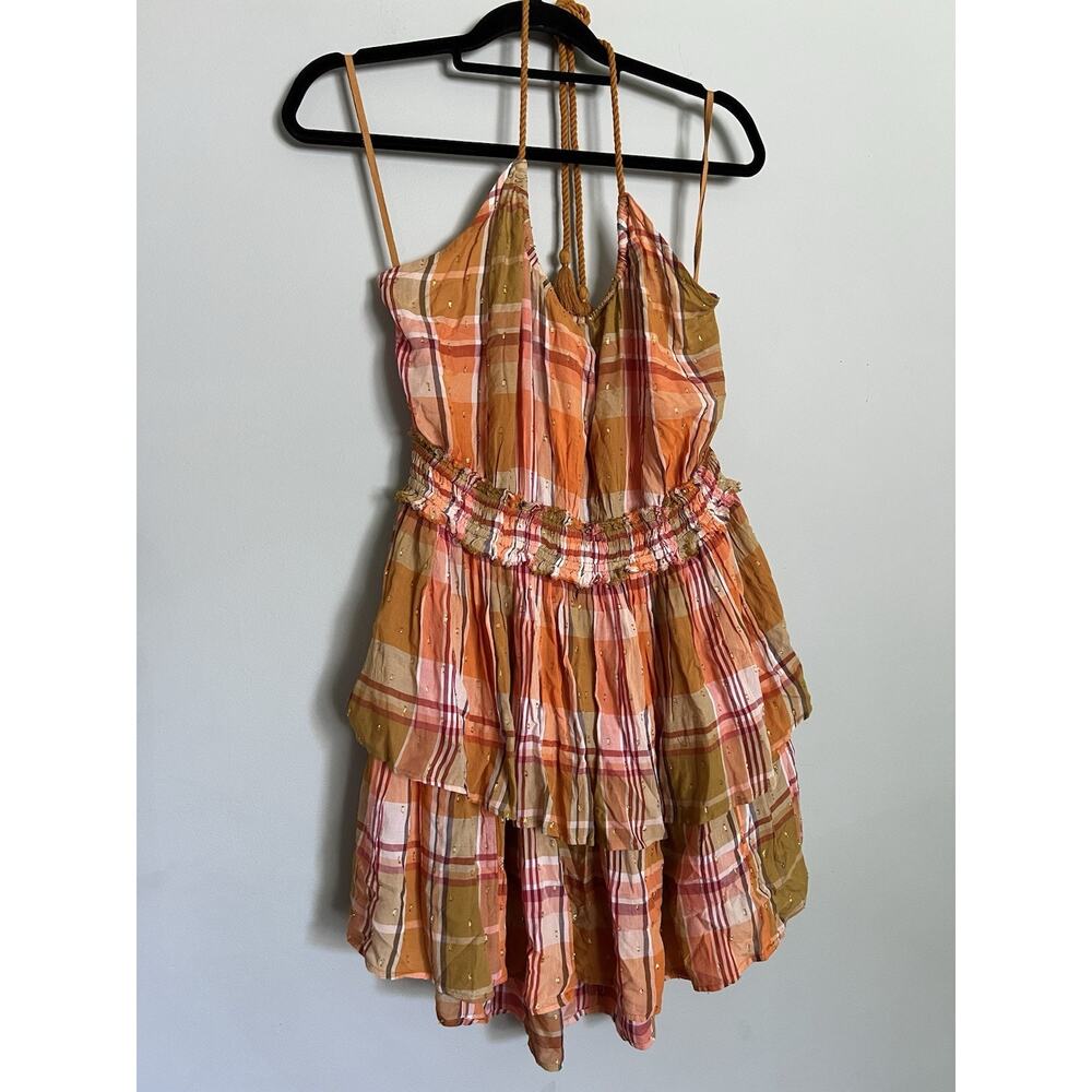 Aerie Women's Large Plaid Ruffled Mini Dress Halter Boho Tiered Festival India